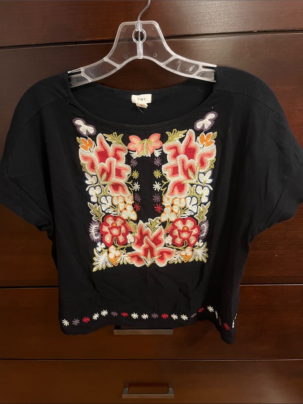 Anthropologie Tiny Black Short-Sleeve Tee with Multicolor Floral Embroidery
